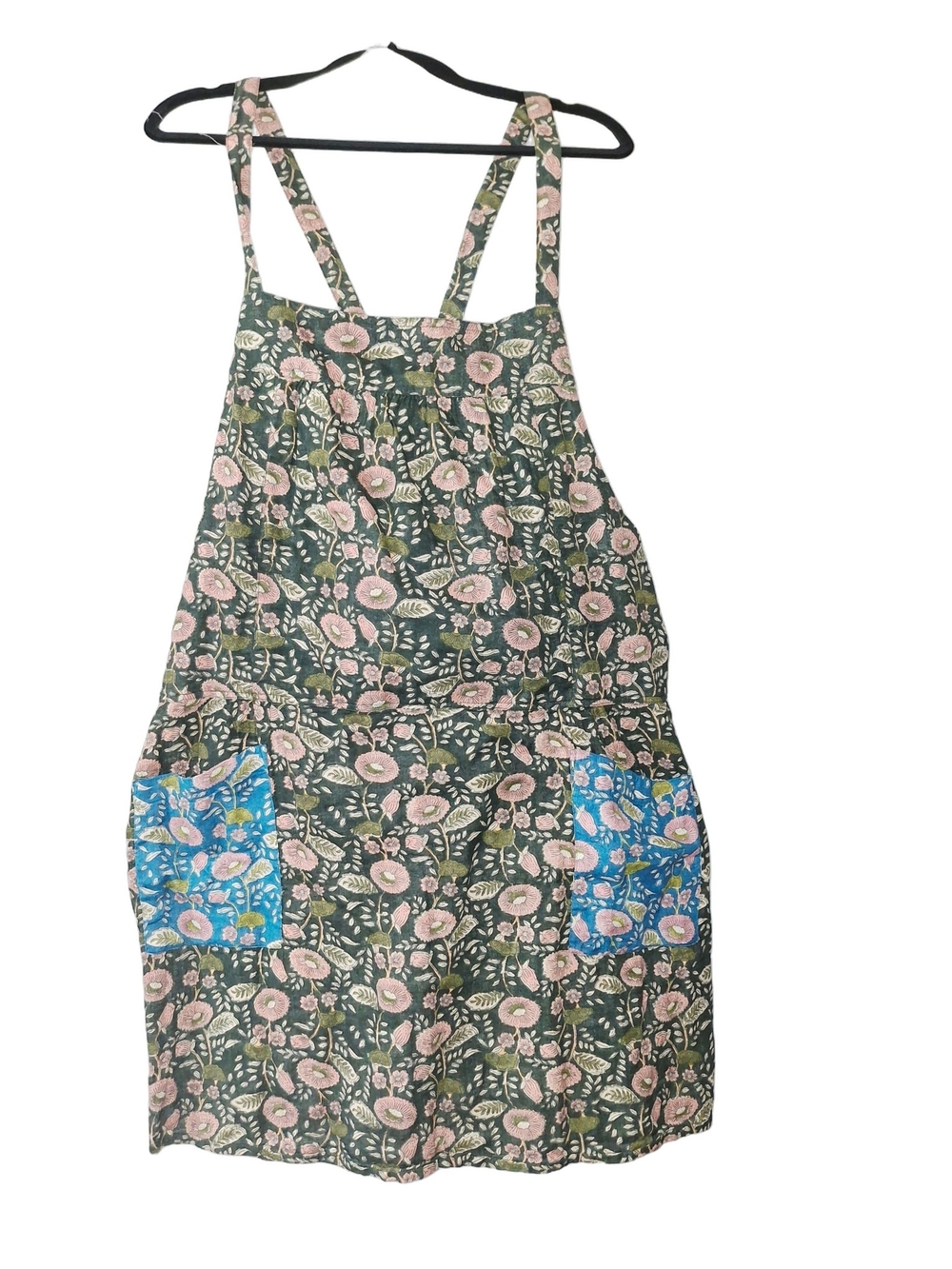 NATURAL LIFE Green Floral Mini Pinafore Dress with Blue Patch Pockets Nwt Boho